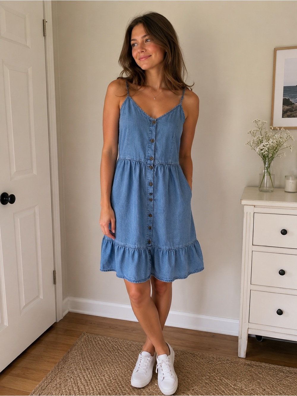 Casual Blue Button-Front Mini Dress with Spaghetti Straps